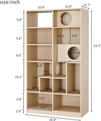 Bookcase Wooden Cat Tree, Natural Bookshelf Indoor Cat House Pet Furniture, Display Case with Storage, Cat Litter Box Enclosure Climbing Shelf