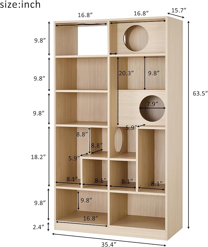 Bookcase Wooden Cat Tree, Natural Bookshelf Indoor Cat House Pet Furniture, Display Case with Storage, Cat Litter Box Enclosure Climbing Shelf
