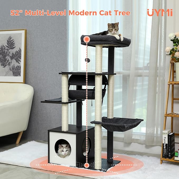52" Cat Tree for Indoor Cats Large Adult, Modern Cat Tower with Fully Sisal Covered Scratching Posts, Cat Furniture with Spacious Perch, Super Large Hammock, Cozy Condo and Swing Tunnel Black