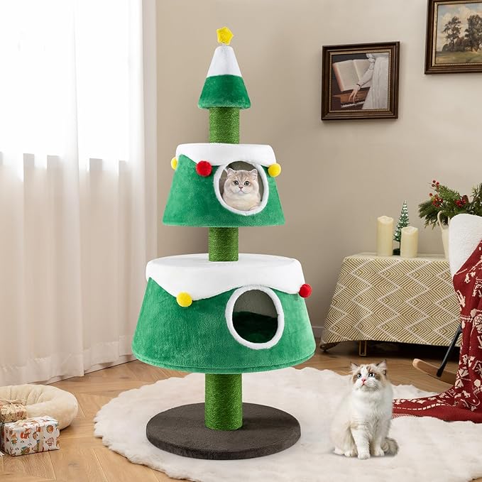 60" Christmas Cat Tower with 2-Level Cat Condos, Premium Scratching Posts,Star Design, Play Center for Kittens, Festive Cat Hideaway Furniture, Green
