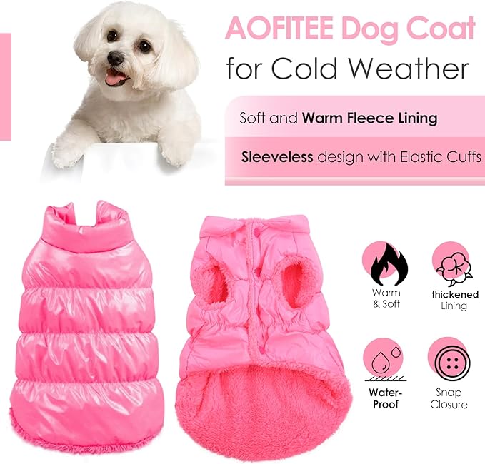 AOFITEE Dog Jacket, Dog Winter Coat, Waterproof Dogs Coats for Small Dogs, Warm Fleece Pet Snowsuit Puffer Jacket, Cozy Winter Pet Fleece Vest, Female Male Pets Cold Weather Coats, Pink, XXL