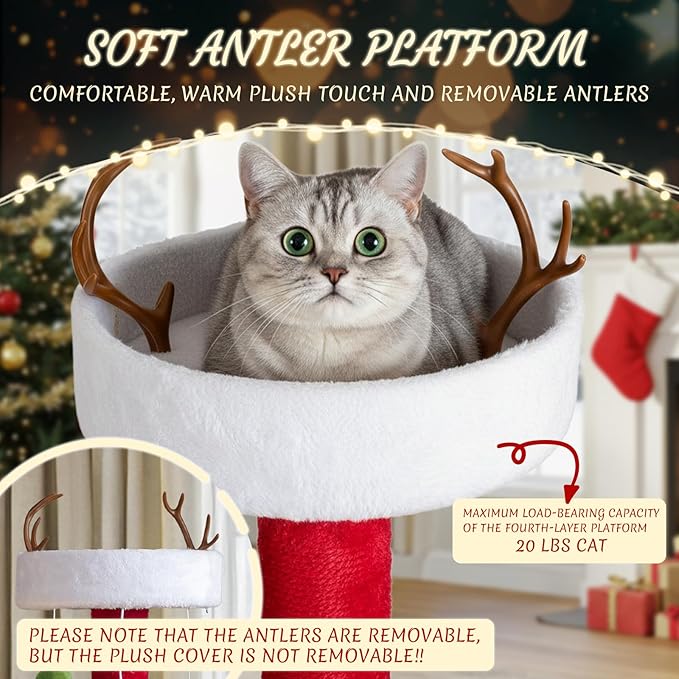 VINGLI 48.5IN Christmas Themed Plush Cat Tree, Multi-Level Cat Tower with 2 Cat Condos, Top Reindeer Antler Perch, Sisal Ramp Scratching Board & Posts, Large Indoor Cat Tree Activity Center Kittens