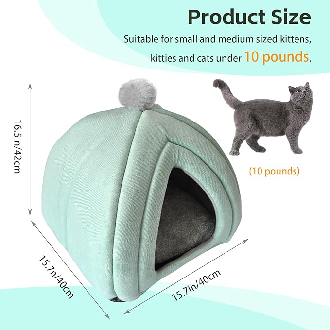 Cat Cave Bed Foldable Cat Bed Dome for Indoor Kitten with Removable Washable Cushion Kitten House Huts with Anti-Slip Bottom for Small Medium Kitty Pets(Green)