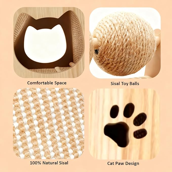 Sisal Cat Scratcher Ramp, Scratching Post Vertical Cat Toy Scratch Pad with Balls for Indoor Cats, Solid Wood Cat Furniture