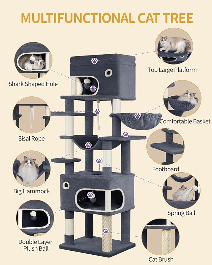 70.1 Inch Cat Tree for Indoor Cats, Multi-Layer Scratching Post with Large Platform, 2 Caves, 7 Sisal Posts, Pompoms, Cat Basket, Hammock, Suitable for Cats, Dark Grey MS17818SG