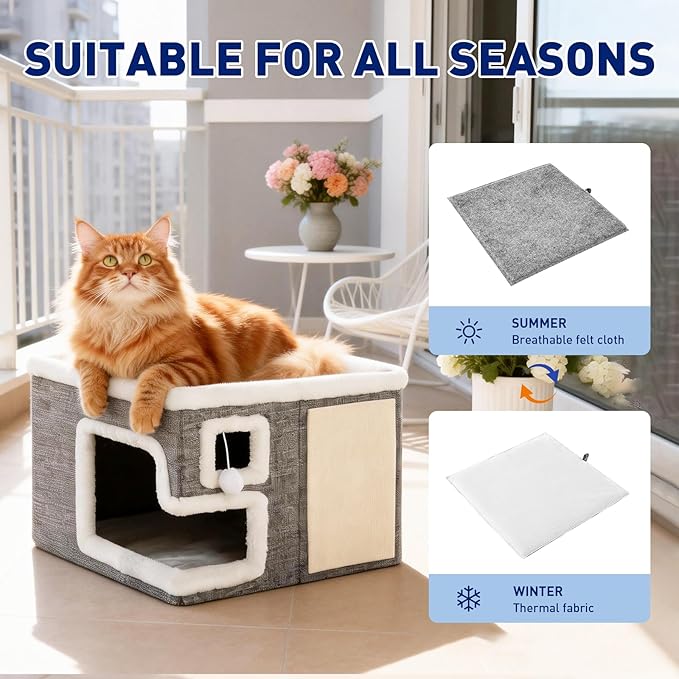 Cat Houses for Indoor Cats,Foldable with Cat Scratch Pad and Hanging Fur Ball - Washable Semi-Enclosed Cat Bed, Warming Comfy Cat Tent,16.5x16.5x12.99inch, Grey