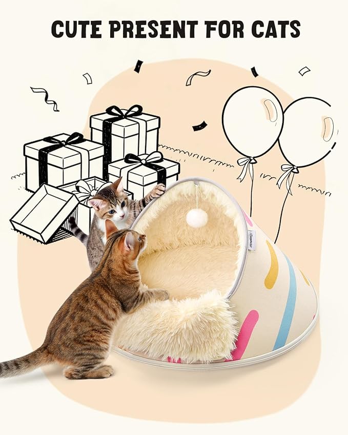 BurgeonNest 20-Inch Round Cat Bed Cave, Enclosed Hooded Pet House for Indoor Kittens, Anti-Collapse EVA Shell with Cord Access for Heating Pad, Washable Soft Plush, Beige