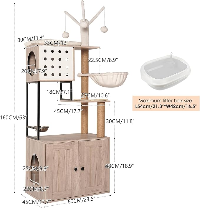 Cat Tree with Litter Box Enclosure - 3-in-1 Modern Cat Condo with Scratching Posts, Feeding Station & Removable Toys - Space-Saving Gray Cat Furniture (23.6"x17.7"x65.4")