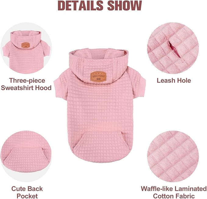 BEAUTYZOO Small Dog Hoodie Sweater with Pockets, Dog Clothes for Small Medium Dogs Boy Girl, Waffle-Like Laminated Cotton Pet Coats with Hat and Leash Hole, Pink XL