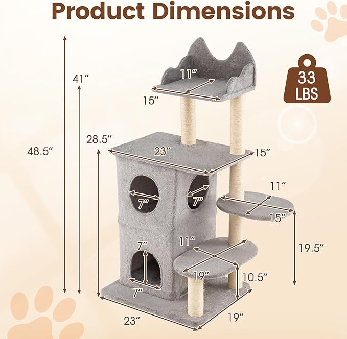 PETSITE 48.5-inch Multi-Level Cat Tree, Modern Cat Tree Tower with Sisal Scratching Posts, Double-Layer Condo, Cute Top Perch, and Multiple Jumping Platforms, Grey