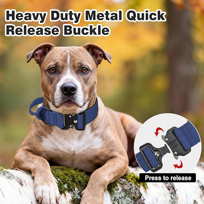 Joytale Tactical Dog Collar for Large Dogs with Control Handle, Heavy Duty Military Training Collar for Power Breeds, AirTag Holder Case, Quick Release Metal Buckle, Soft Padded, L, Navy Blue