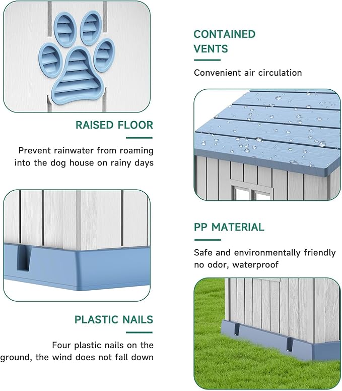 VIXZEN Dog House Outdoor, 38 Inches Weatherproof Resin Dog House Indoor Large with Air Vents & Elevated Floor, Doghouse Outdoor for Large Dogs, Easy Assembly, Versatile Storage Functionality (Blue)