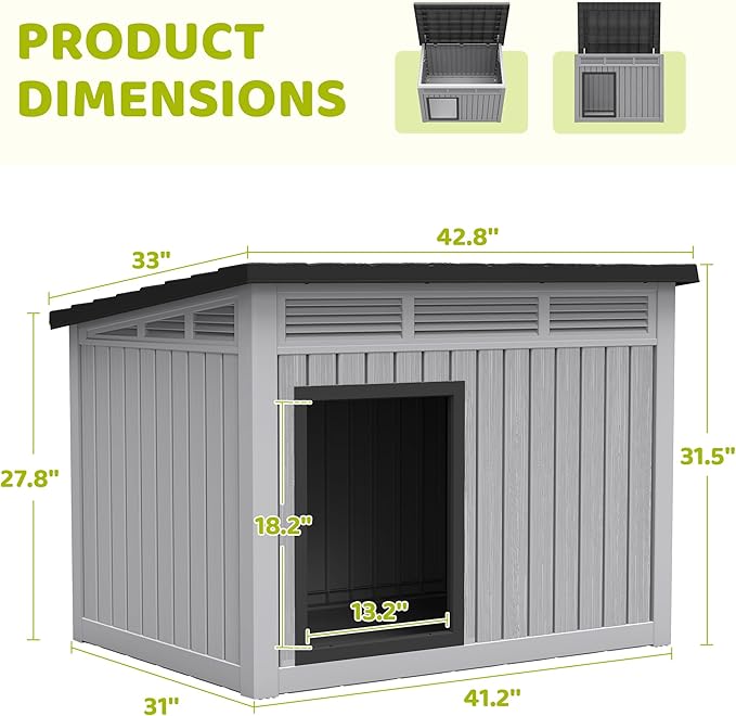 Bifanuo Dog House Outdoor Indoor for Large Dog - Weatherproof & Removable Roof, Easy Assemble and Clean for Medium to Large Dogs(Grey, 41.2" L x 31" W x 31.5" H)