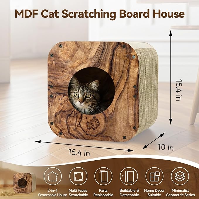 Cat Scratcher House, Cozy Cardboard Design, Safe and Secure for Kittens, Eco-Friendly, Wood Grain (Square)