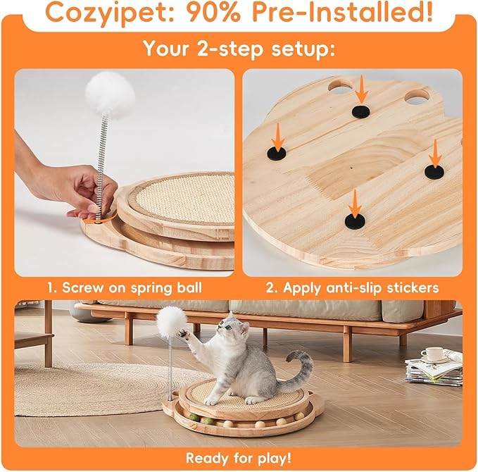 3-in-1 Cat Scratcher Board & Activity Center with Sisal Scratching Pad, Ball Track & Spring Toy, Interactive Cat Furniture for Indoor Cats