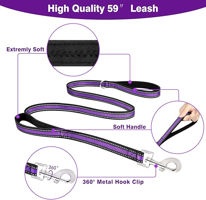 WINSEE Pet Harness Collar and Leash Set, All-in-one Reflective Dog Harness No Pull with Adjustable Buckles for Puppies, Small, Medium, Large, and Extra-Large Dogs (Large, Purple)