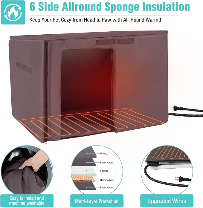 Heated Dog House Outdoor,Anti Bite Iron Frame Dog Kennel with Adjustable Temperature and Time,Insulated Weatherproof Outside Shelter for Feral Animal (Brwon, L)
