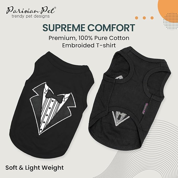 Parisian Pet Dog Shirt – 100% Cotton Shirts for Small Dogs – Sleeveless Tuxedo Puppy Clothes – Lightweight and Breathable Pet Apparel – Black Dog Clothes - Stretchy T Shirts for Dogs
