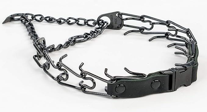 Herm Sprenger Quick Release Dog Training Collar Black Stainless Steel No Pull Collar Easy Leather Buckle Release Unique Tactical Look for Large Pet Dogs (18-26" Neck, 3.2mm Links)