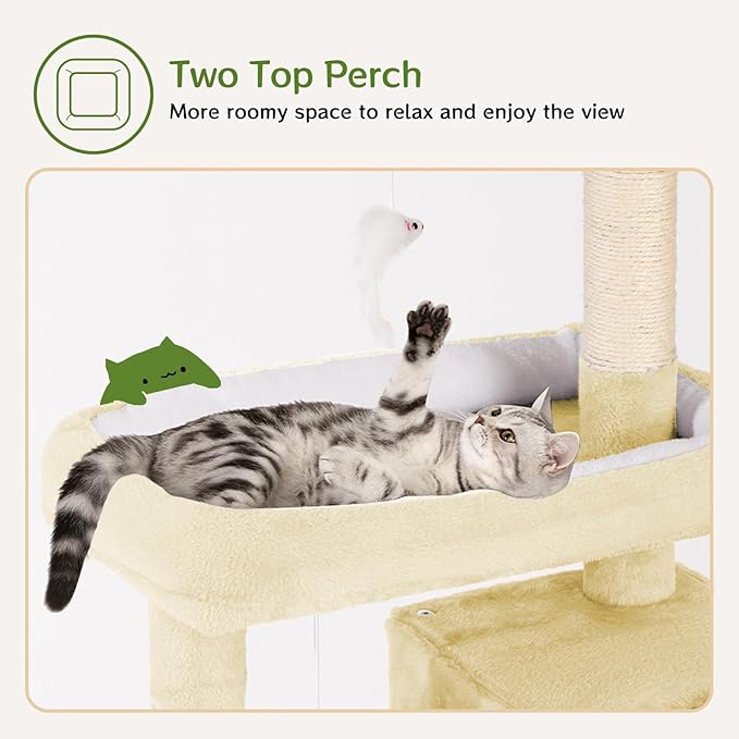 Cat Tree Tower 53 inch - Multi-Level Indoor Activity Center with Sisal Scratching Posts, Condo, Plush Perch & Hanging Toys for Large Cats (Beige)
