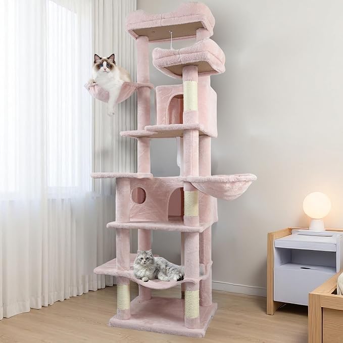 Anwick 68" Tall Cat Tree Tower with Scratching Posts, Cat House with Hammocks, Cat Condos for Indoor Cats, Removable Cushions, Multi-Level Cat Playground (Pink)