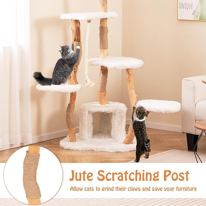 PETSITE 66 inch Tall Wooden Cat Tree Tower, Multi-Level Cat Tower with Jute Scratching Posts, Sisal Rope, Cat Condo, and Dangling Ball, Soft Long Plush, Modern Cat Tree for Indoor Cats Large Adult