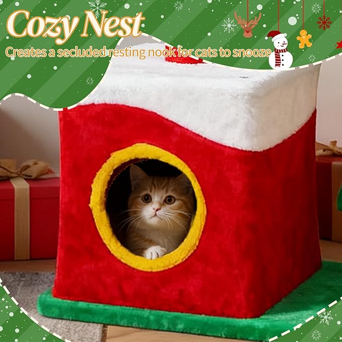 Christmas Decorations, Christmas Cat Tree with Crown Perch, 29.5in Festive Cat Tower with Sisal Scratching Ramp & Hanging Toys, Small Holiday Cat Condo for Indoor Cats, Christmas Decor for Pet