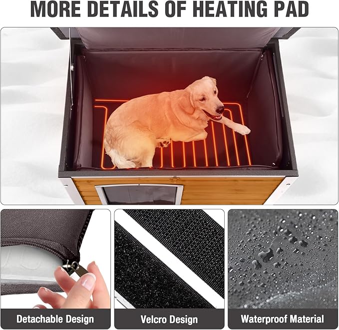 33.3’’ Heated Outdoor Dog House Weatherproof Insulated Dog Kennel with Metal Frame, Dog Shelter with Heating Pad, 6-Sided Insulated Liner and PVC Door Curtain for Winter (Brown)