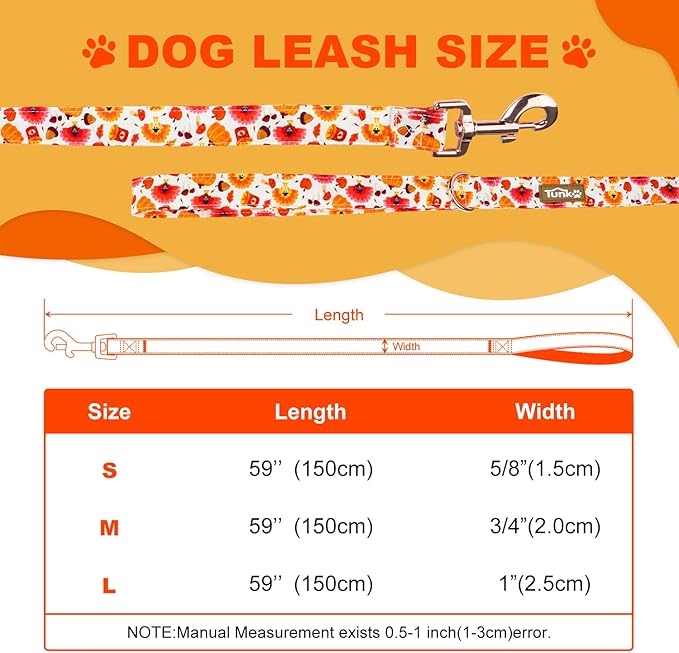 Tunkoo Dog Leash Pumpkin and Turkey Pattern - Durable, Stylish Thanksgiving Pet Leash, Available in Small, Medium and Large, Daily Walking Puppy Leash, S