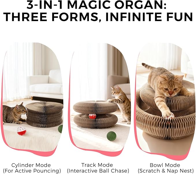 Magic Organ Cat Scratcher Toy, Large Extra-Thick Interactive Foldable Accordion Cardboard Scratching Board with Catnip & Bell Ball, Magnetic Enrichment Toy for Indoor Cats & Kittens