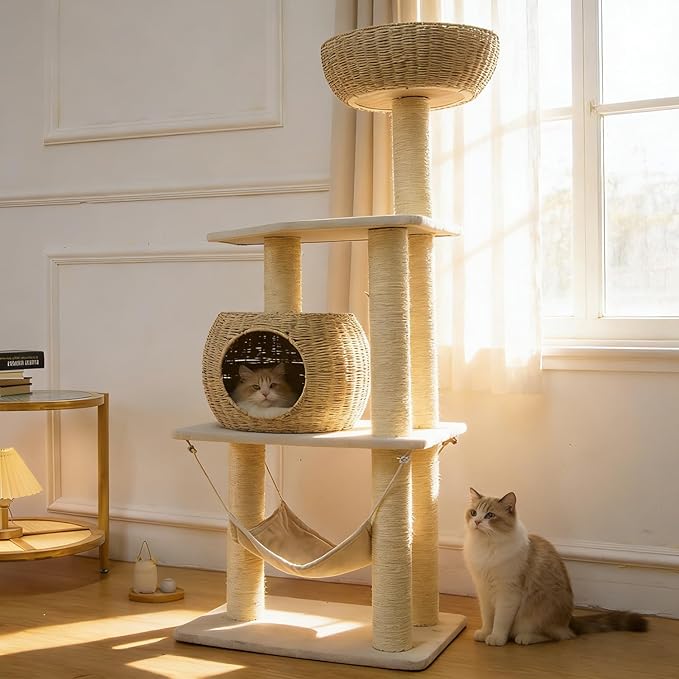 Wood Cat Tree for Indoor Cats, 52.4 Inch Tall, with Scratching Post and Hammock
