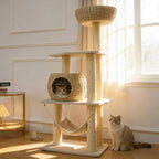 Wood Cat Tree for Indoor Cats, 52.4 Inch Tall, with Scratching Post and Hammock
