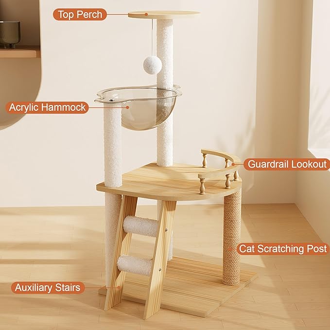 Floor to Ceiling Cat Tree, Adjustable Height Cat Tower (98-110 Inch) Fits Any Room, Modern Cat Activity Tree with Large Wood Condo, Hammock & Scratching Post for Indoor (Natural+White + 3)
