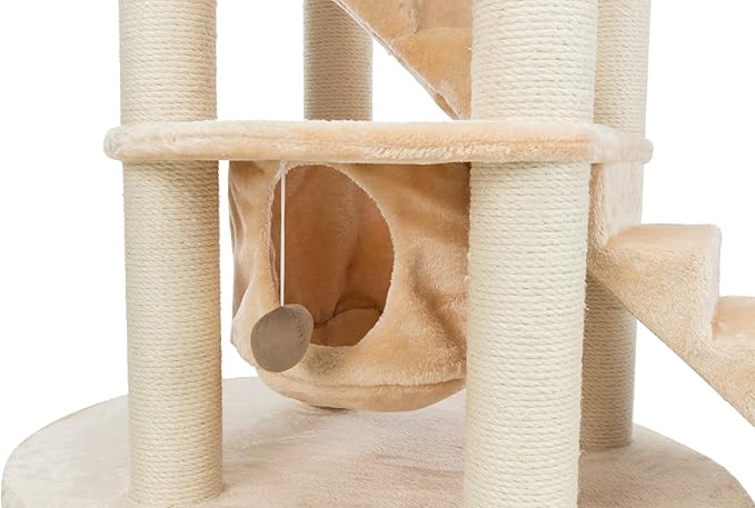 TRIXIE Elsa Senior Cat Tower with Scratching Posts, Hammock, Stairs, Top Platform Bed, Dangling Pom-Pom Beige