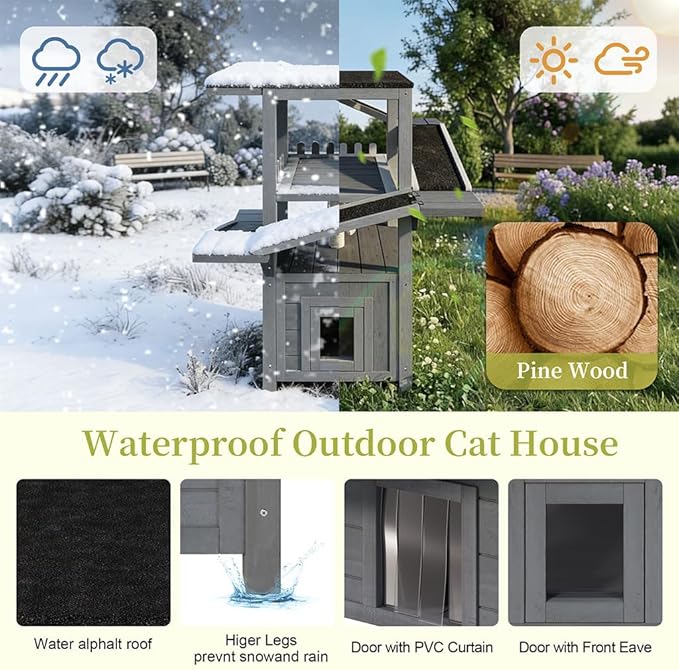 4-Tier Outdoor Cat House Weatherproof Wooden Outside Cat Tree Tower with Ramps, Scratching Post & Enclosed Shelter, Multi-Level Feral Cat Shelter for Indoor Outdoor,Gray