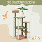 Tangkula Plant Cat Tree, 60 Inch Green Aesthetic Cat Tower with Sisal Scratching Posts, Artificial Leaves, Perch, Hammock, Self Groomer, Rope, Pompom Ball, Cute Cat Tree Tower for Indoor Cats
