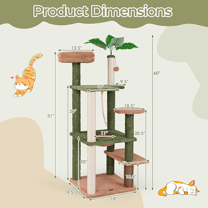 Tangkula Plant Cat Tree, 60 Inch Green Aesthetic Cat Tower with Sisal Scratching Posts, Artificial Leaves, Perch, Hammock, Self Groomer, Rope, Pompom Ball, Cute Cat Tree Tower for Indoor Cats