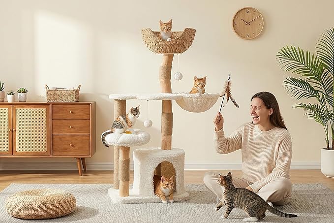 PEQULTI 48.5'' Modern Cat Tree for Large Indoor Cats Solid Wood Cat Tower with Luxury Cat Condo, Cozy Hammock, Scratching Post, Rattan Perch and Flower Cat Bed, White