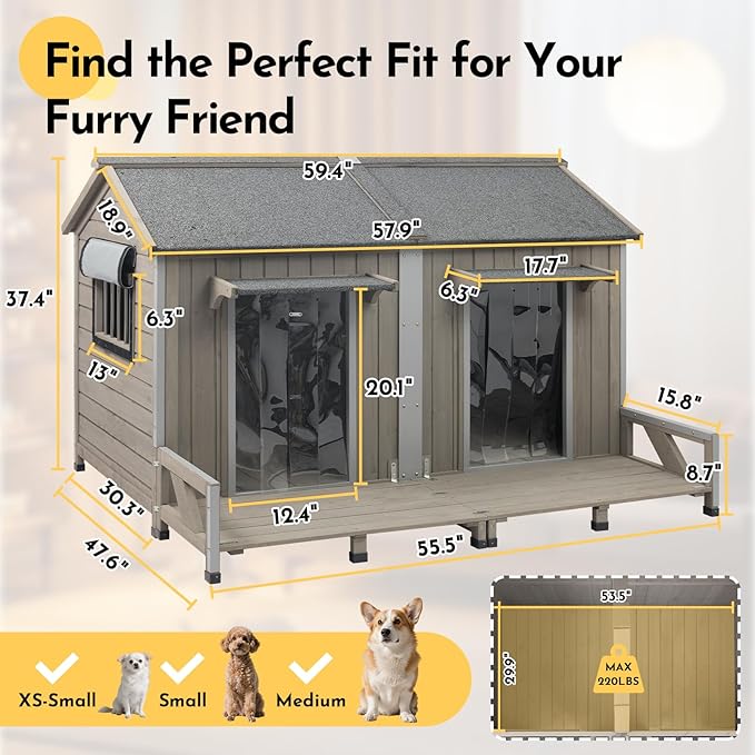 59''L Extra Large Dog House with 2 Doors, Wooden XL Dog House Outdoor Weatherproof with Chew-Proof Iron Frame, Openable Roof, 2 Windows, Indoor Doghouse Pet Shelter Fits Small to Middle Dogs