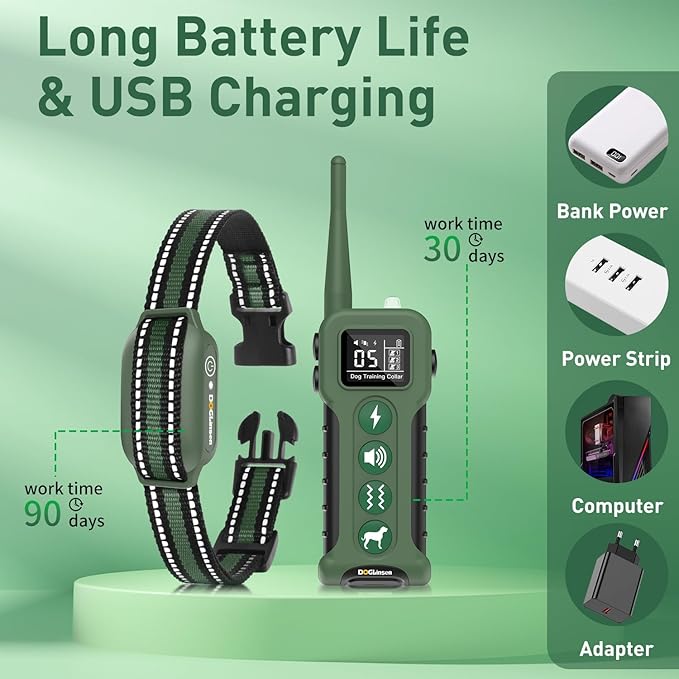 Dog Training Shock Collar with Remote 3300ft Range - Waterproof Shock Collar for 10-110lbs Dogs, Rechargeable E Collar for Dogs Training, Safety Shock Collar(0-16), Green
