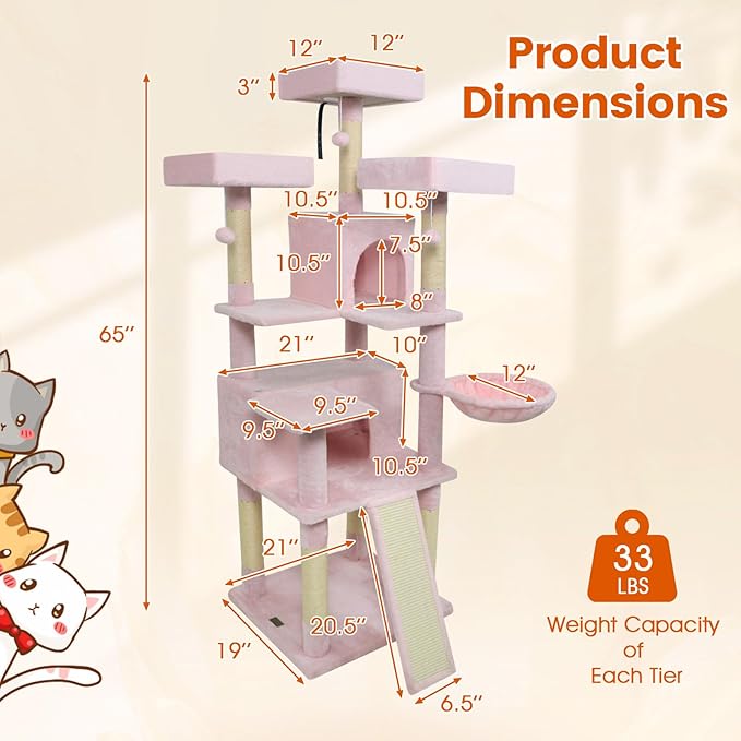 PETSITE Multi-Level Cat Tree, 65 Inches Tall with Sisal Scratching Posts, Condos, Rotatable Cat Basket, Dangling Balls, and Sisal Ladder, Ideal for Indoor Cats to Play and Rest (Pink)