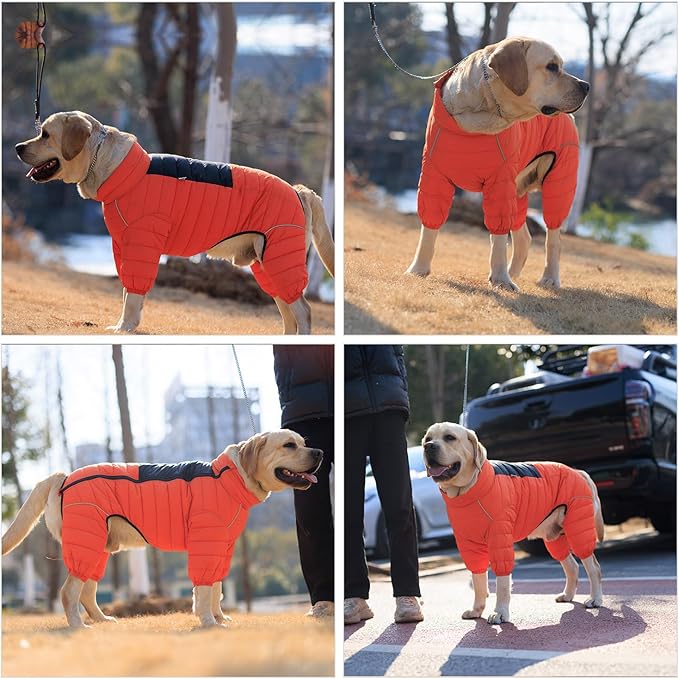 Warm Dog Coat, 4 Legs Covered Waterproof Windproof Reflective Vest, Zippered Adjustable Outdoor Snow Jacket for Small Medium Large Dogs Orange XXXL