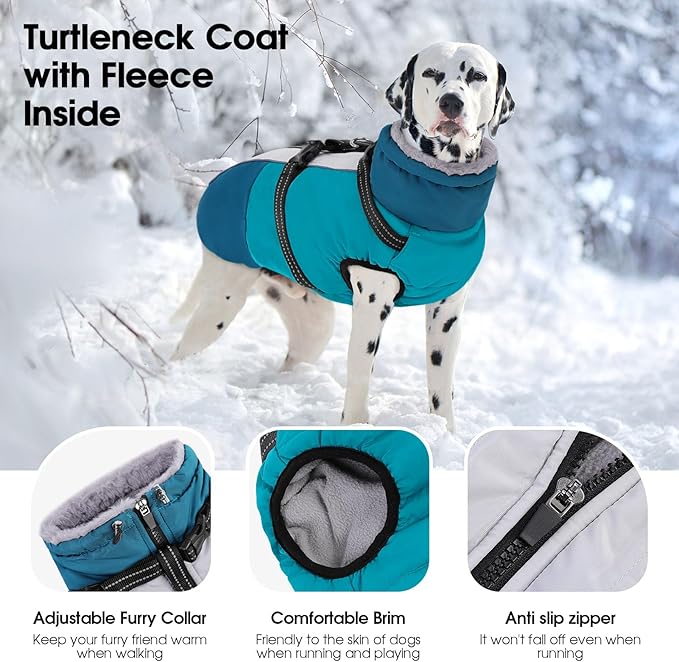 SUNFURA Dog Coat, XXXL Dog Jacket with Harness Built in, Waterproof Pet Winter Coat Snowsuit with Zip, Reflective Fleece Jacket for Extra Large Dogs, Great Dane, Turquoise 3XL
