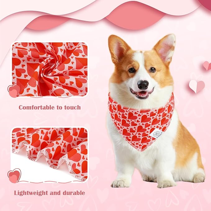 E-Clover Mother's Day Heart Dog Bandanas & Matching Scrunchie Set Cute Girl Dog Scarf Bibs Pet Bandana with Bow Tie for Small Dogs Puppy Owner Mom Red Pink