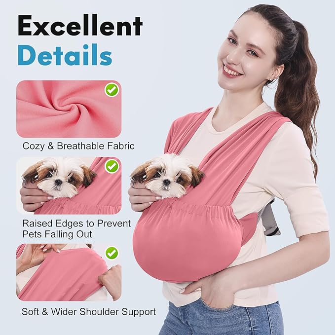 Supet Dog Sling Carrier for Small Pets, Hands Free Cat Sling, Reducing Back Neck Pain Anti-Anxiety Puppy Front, Adjustable Soft Dog Carrying (Pink, Plus 7-15 Lbs)