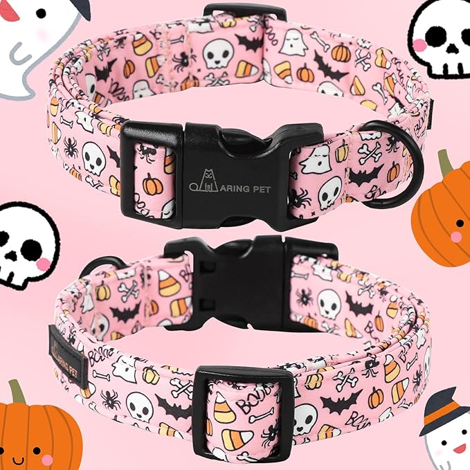 ARING PET Halloween Dog Collars, Cute Pink Pumpkin Ghost Bat Spider Skull Pet Collar with Quick Release Buckle for Small Medium Large Girl Boy Dogs-S