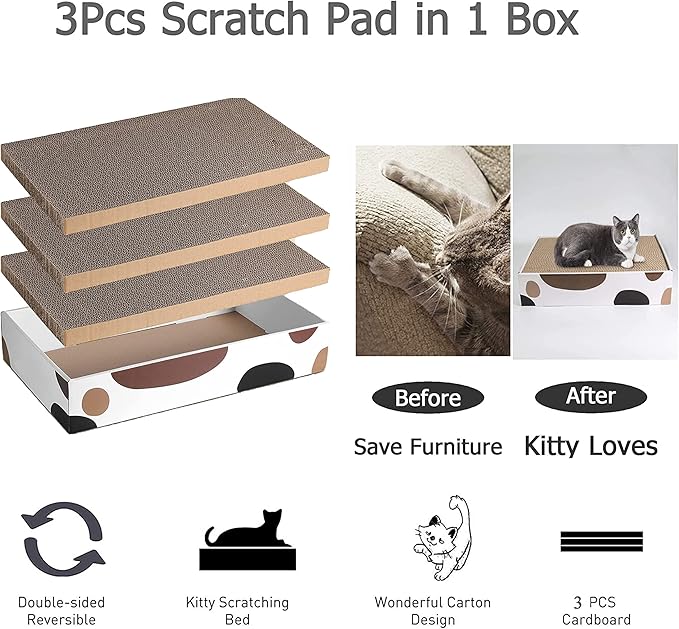 3 Packs Cat Scratcher Pad with Cat Box,Durable Cat Scratcher Cardboard Refill,3 in 1 Recyclable Cardboard Cat House Suitable for Cats to Rest,Grind Claws and Play,Reversible Scratch Box 17"x10"