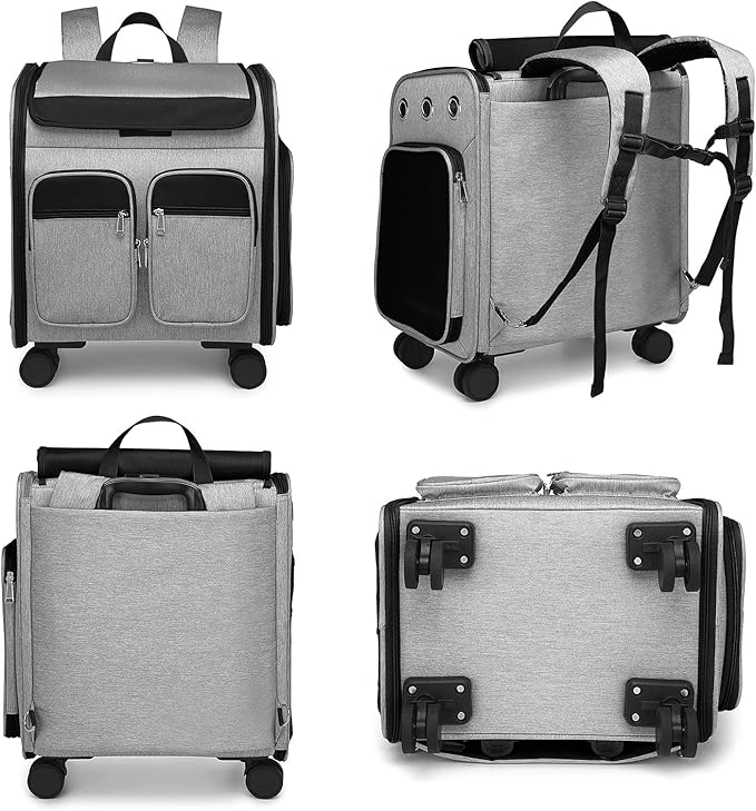 Wheeled Pet Carrier Backpack Pet Stroller, Travel Carrier, Car Seat for Small Dogs Cats Puppies, Comfort Cat Backpack Removable Rolling Wheels – Mesh Ventilation Windows (Large Grey)