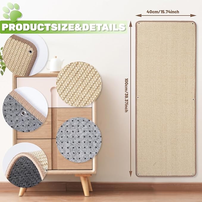Natural Sisal Cat Scratcher Mat, Wall Scratcher Carpet, Cat Climbing Wall, Large Tall Scratching Post, Couch Sofa Protector, Scratching Mat Pad for Indoor Cats (39.3" Lx15.7 W, 2PCS)