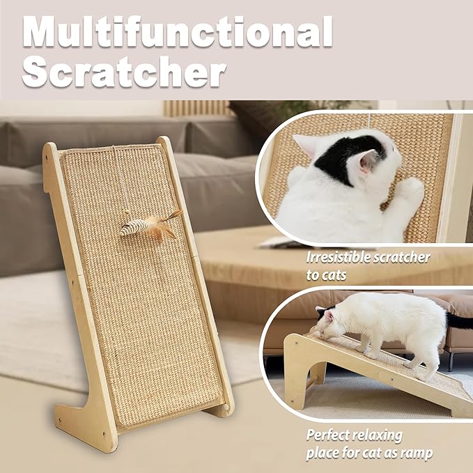 Meeyoview L Shape Cat Scratcher Ramp, 27'' Sisal Scratching Post, Vertical Cat Scratcher for Indoor Cats, Solid Wooden Scratch Board, Furniture Protector with Catnip